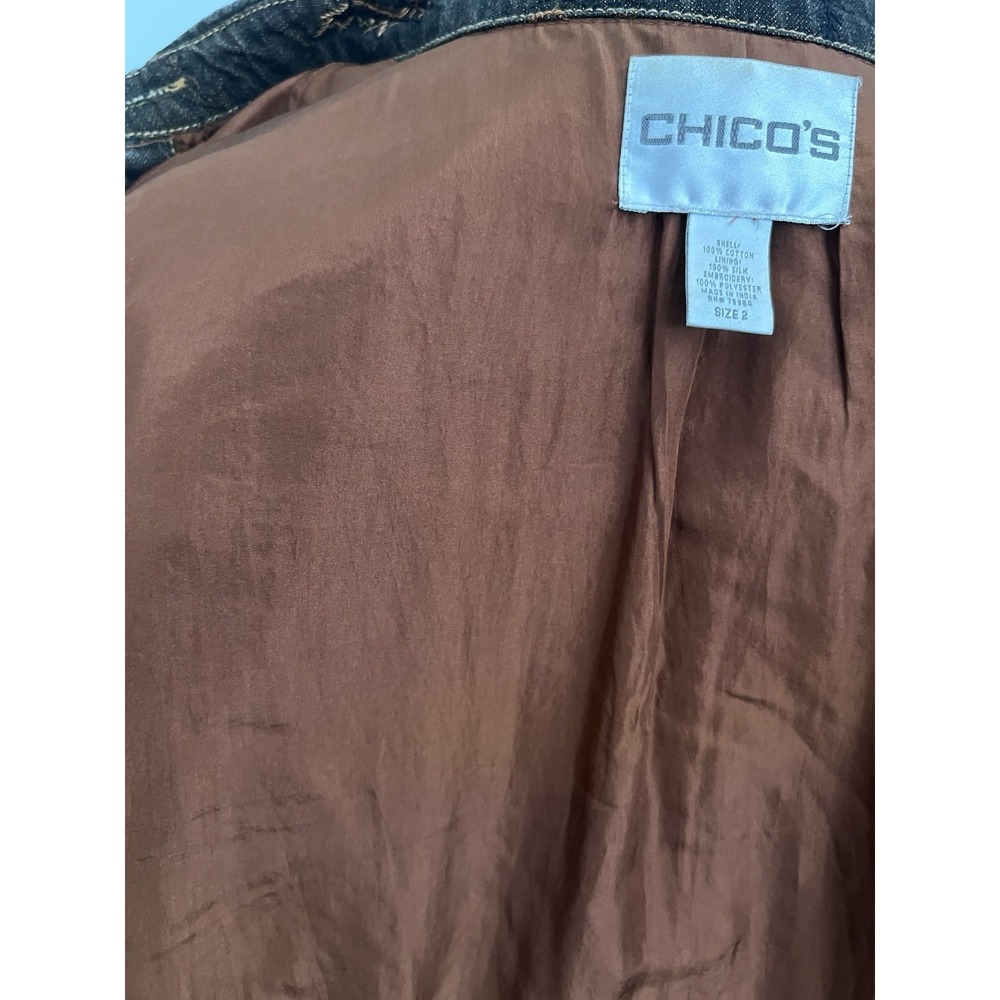 Chicos Size 2 Washed Black Embroidered Beaded Silk Lined Denim Jacket Cotton - Picture 8 of 9